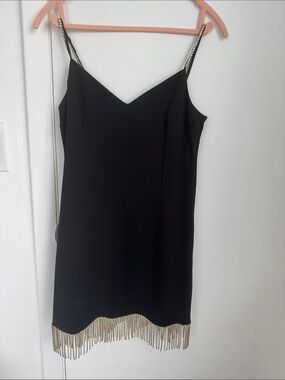 Lea & Viola Black Mini Dress with Rhinestone Straps and Gold Fringe Hem